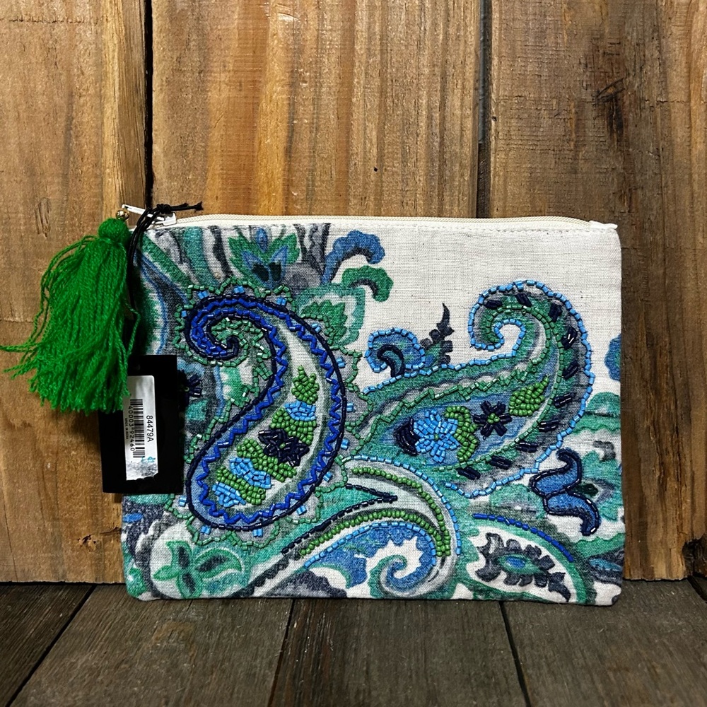 Embroidered Paisley Clutch with Green Tassel